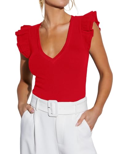 Ezbelle Damen Sommer Ärmellos Tops V Ausschnitt Rüschen Shirts Strick Gerippt Tank Top Sexy Bluse 2025, Rot/Ausflug, einfarbig (Getaway Solids), Mittel von EZBELLE