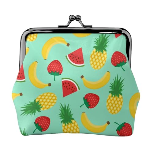 Bananen-Erdbeer-Ananas-Druck, Doppelverschluss, Metallrahmen, Leder, Kussschloss, Kleingeldtasche, Geldbörse für Damen, mit Schlüssel, kleine Geldbörsen, Schwarz , Einheitsgröße von EZDLOWVBA