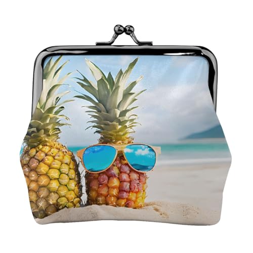 Beach Two Ananas Sea Print Doppelverschluss Metallrahmen Leder Kiss Lock Kleingeldtasche Geldbörse für Frauen mit Schlüssel, kleine Geldbörsen, Schwarz , Einheitsgröße von EZDLOWVBA