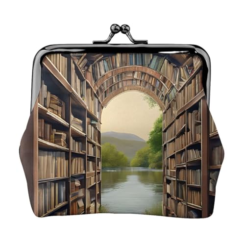 Bibliotheks-Bücherregal, Buchdruck, Doppelverschluss, Metallrahmen, Leder, Kussschloss, Kleingeldtasche, Geldbörse für Damen, mit Schlüssel, kleine Geldbörsen, Schwarz , Einheitsgröße von EZDLOWVBA