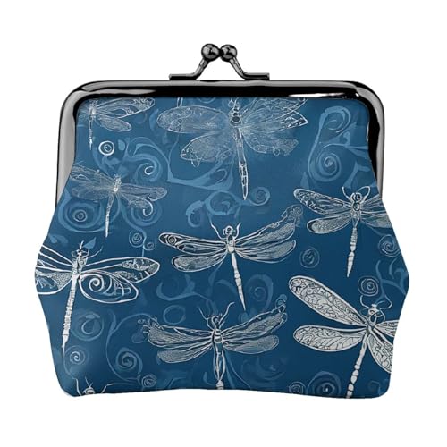 Blauer Libellen-Druck, Doppelverschluss, Metallrahmen, Leder, Kussschloss, Kleingeldtasche, Geldbörse für Damen, mit Schlüssel, kleine Geldbörsen, Schwarz , Einheitsgröße von EZDLOWVBA