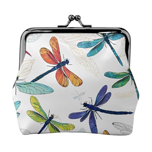 Bunte Libellen-Druck, Doppelverschluss, Metallrahmen, Leder, Kussschloss, Kleingeldtasche, Geldbörse für Damen, mit Schlüssel, kleine Geldbörsen, Schwarz , Einheitsgröße von EZDLOWVBA