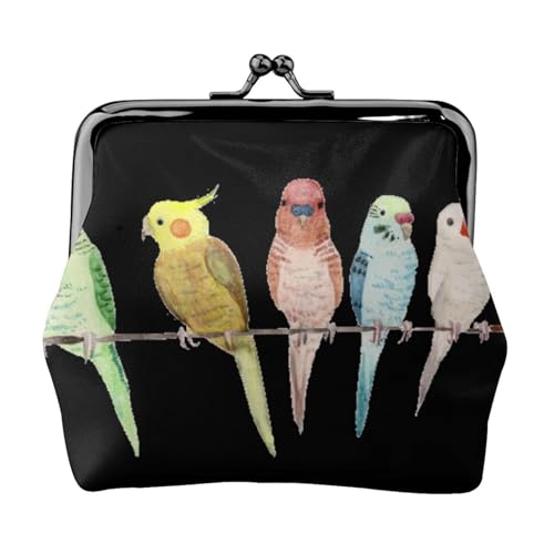 Bunte Papageien auf Baum, Doppelverschluss, Metallrahmen, Leder, Kussschloss, Kleingeldtasche, Geldbörse für Damen, mit Schlüssel, kleine Geldbörsen, Schwarz , Einheitsgröße von EZDLOWVBA