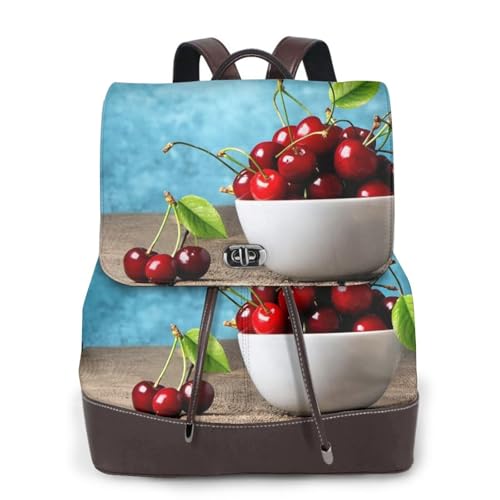 Damen-Rucksack, Motiv: Kirsche auf Holzdruck, wasserdicht, diebstahlsicher, leicht, PU-Leder, Nylon, Schule, Schultertasche, Reiserucksack, Schwarz , Einheitsgröße von EZDLOWVBA