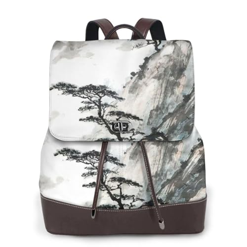 Damen-Rucksack mit Berg- und Kiefernbaum-Druck, wasserdicht, diebstahlsicher, leicht, PU-Leder, Nylon, Schultasche, Schultertasche, Reiserucksack, Schwarz , Einheitsgröße von EZDLOWVBA