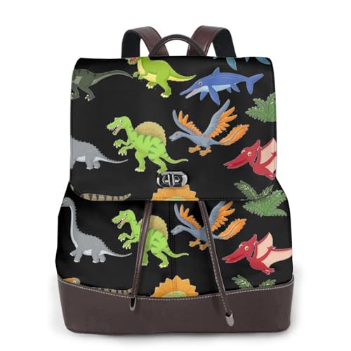 Damen-Rucksack mit Cartoon-Dinosaurier-Bildern, wasserdicht, diebstahlsicher, leicht, PU-Leder, Nylon, Schule, Schultertasche, Reiserucksack, Schwarz , Einheitsgröße von EZDLOWVBA