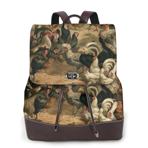 Damen-Rucksack mit Huhn- und Hahn-Aufdruck, wasserdicht, diebstahlsicher, leicht, PU-Leder, Nylon, Schule, Schultertasche, Reiserucksack, Schwarz , Einheitsgröße von EZDLOWVBA