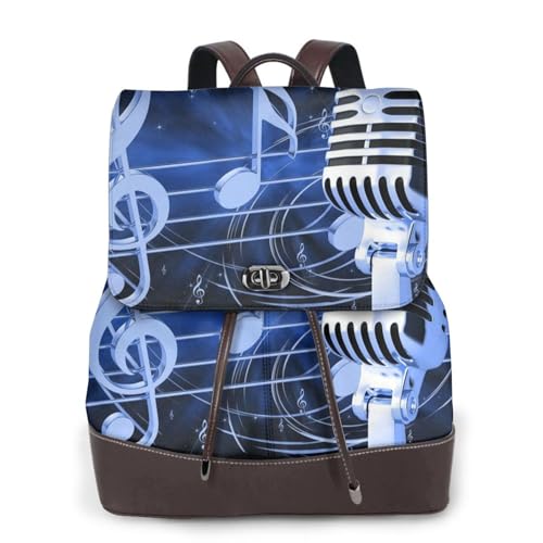 Damen-Rucksack mit Mikrofon mit Musiknoten-Druck, wasserdicht, Diebstahlschutz, leicht, PU-Leder, Nylon, Schultasche, Schultertasche, Reiserucksack, Schwarz , Einheitsgröße von EZDLOWVBA