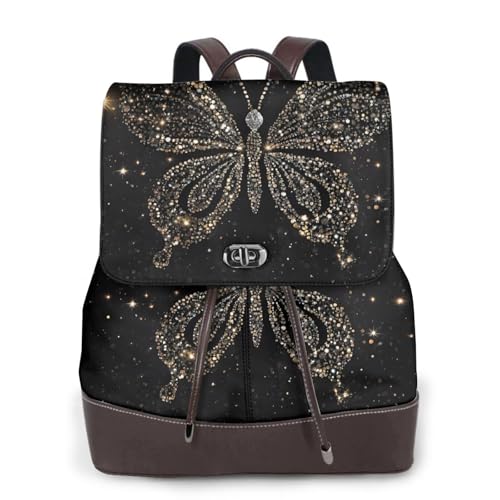 Damen-Rucksack mit Strass-Schmetterlings-Aufdruck, wasserdicht, diebstahlsicher, leicht, PU-Leder, Nylon, Schule, Schultertasche, Reiserucksack, Schwarz , Einheitsgröße von EZDLOWVBA