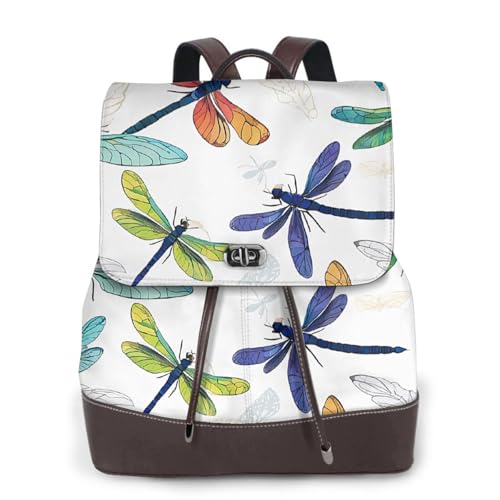 Damen-Rucksack mit buntem Libellen-Druck, wasserdicht, diebstahlsicher, leicht, PU-Leder, Nylon, Schule, Schultertasche, Reiserucksack, Schwarz , Einheitsgröße von EZDLOWVBA