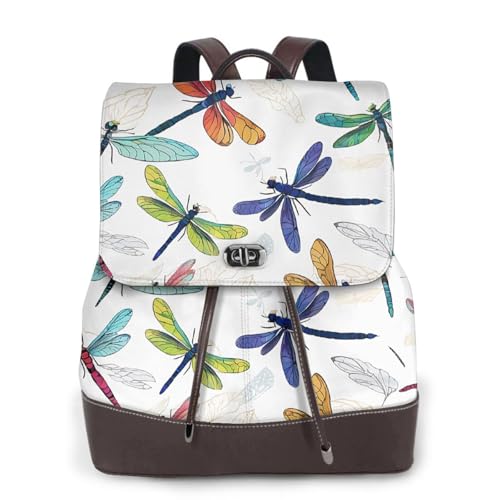 Damen-Rucksack mit buntem Libellen-Druck, wasserdicht, diebstahlsicher, leicht, PU-Leder, Nylon, Schule, Schultertasche, Reiserucksack, Schwarz , Einheitsgröße von EZDLOWVBA