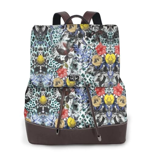 Damen-Rucksack mit rotem und gelbem Blumendruck, wasserdicht, diebstahlsicher, leicht, PU-Leder, Nylon, Schule, Schultertasche, Reiserucksack, Schwarz , Einheitsgröße von EZDLOWVBA