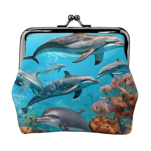 Delfine Sea Turtle Octopus Coral Reef Print Double Clasp Metal Frame Leather Kiss Lock Change Pouch Wallet for Women with Keys, Small Purses, Schwarz , Einheitsgröße von EZDLOWVBA