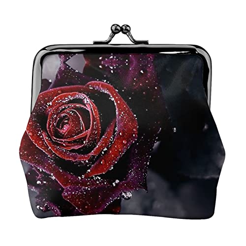 Dew Rose Print Doppelverschluss Metallrahmen Leder Kiss Lock Kleingeldtasche Geldbörse für Frauen mit Schlüssel, kleine Geldbörsen, Schwarz , Einheitsgröße von EZDLOWVBA