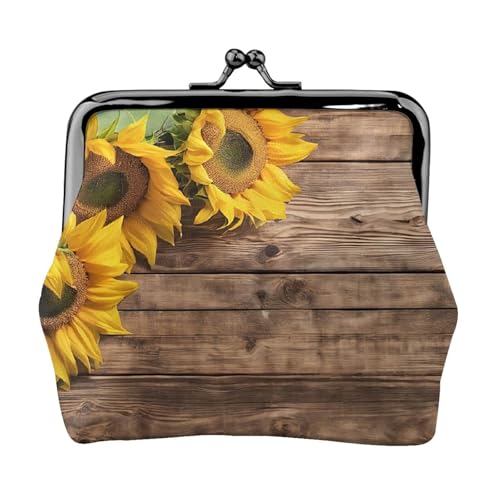 Drei Sonnenblumen auf Holzdruck, Doppelverschluss, Metallrahmen, Leder, Kussschloss, Kleingeldtasche, Geldbörse für Damen, mit Schlüssel, kleine Geldbörsen, Schwarz , Einheitsgröße von EZDLOWVBA