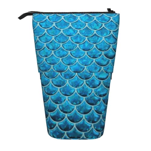 EZDLOWVBA Blaue Fischschuppen-Druck-Schreibwaren-Tasche für Jungen und Mädchen, Stand-Bleistifthalter, Reißverschluss-Federmäppchen, Teleskop-Etui, Studenten & Büro, Mittelschule von EZDLOWVBA