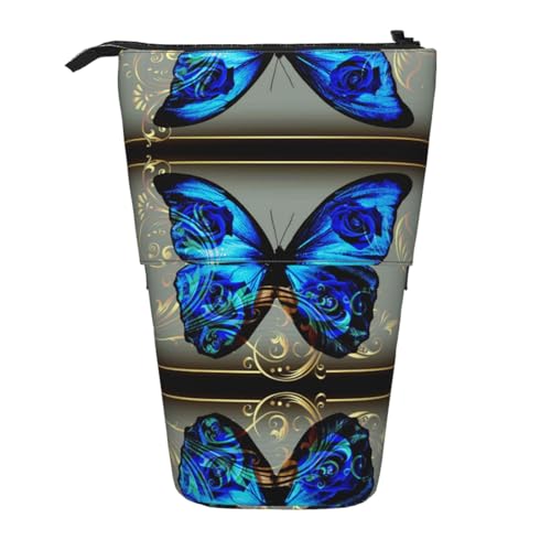 EZDLOWVBA Blauer Schmetterling Druck Schreibwaren Tasche für Jungen & Mädchen Ständer Bleistifthalter Reißverschluss Federmäppchen Teleskopkoffer Studenten & Büro Mittelschule von EZDLOWVBA