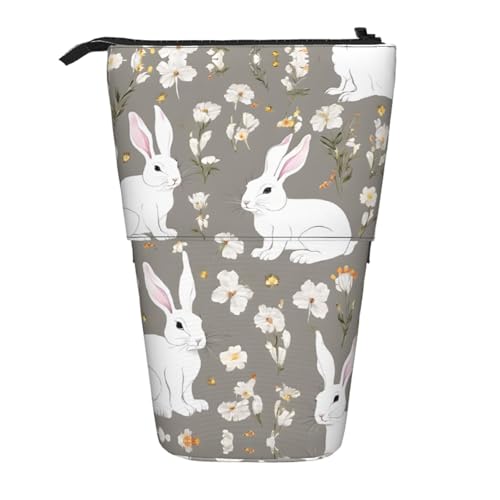 EZDLOWVBA Bunny-Blumendruck-Schreibwaren-Tasche für Jungen und Mädchen, Ständer Stifthalter, Reißverschluss-Federmäppchen, Teleskop-Etui, Studenten & Büro, Mittelschule von EZDLOWVBA