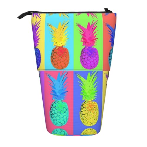 EZDLOWVBA Bunte Ananas-Druck-Schreibwaren-Tasche für Jungen und Mädchen, Stand-Bleistifthalter, Reißverschluss-Federmäppchen, Teleskop-Etui, Studenten und Büro, Mittelschule von EZDLOWVBA