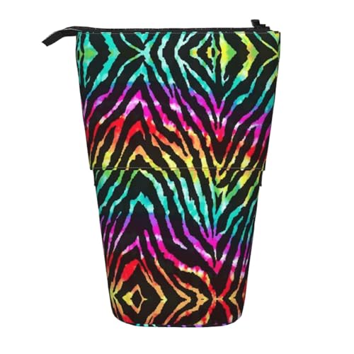 EZDLOWVBA Bunte Regenbogen-Zebra-Druck-Schreibwaren-Tasche für Jungen und Mädchen, Stand-Bleistifthalter, Reißverschluss-Federmäppchen, Teleskop-Etui, Studenten & Büro, Mittelschule von EZDLOWVBA
