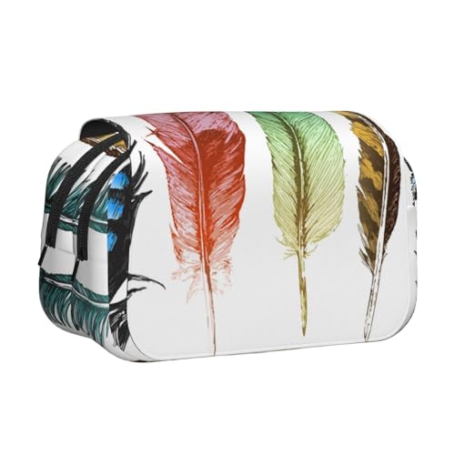 EZDLOWVBA Bunte handgezeichnete Federn auf weißem Druck, großes Fassungsvermögen, Stifteetui mit 2 Fächern, Stifthalter, Organizer, Schreibwaren-Tasche von EZDLOWVBA