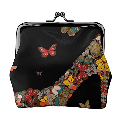 EZDLOWVBA Butterfly High Heel Print Double Clasp Metal Frame Leather Kiss Lock Change Pouch Wallet for Women with Keys, Small Purses, Schwarz , Einheitsgröße von EZDLOWVBA