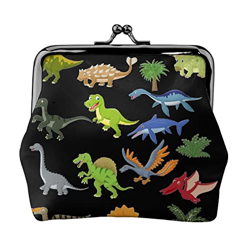 EZDLOWVBA Cartoon-Dinosaurier-Bilderdruck, Doppelverschluss, Metallrahmen, Leder, Kussschloss, Kleingeldtasche, Geldbörse für Damen, mit Schlüssel, kleine Geldbörsen, Schwarz , Einheitsgröße von EZDLOWVBA