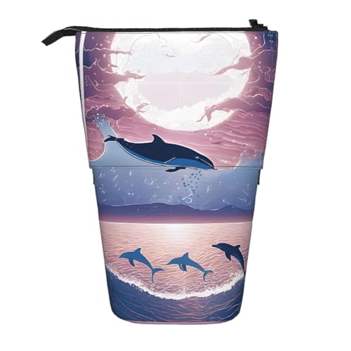 EZDLOWVBA Delphins in Love Druck Schreibwaren Tasche für Jungen & Mädchen, Ständer Bleistifthalter, Reißverschluss Federmäppchen, Teleskopetui, Studenten & Büro Mittelschule von EZDLOWVBA