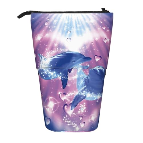 EZDLOWVBA Delphins in Love Druck Schreibwaren Tasche für Jungen & Mädchen, Ständer Bleistifthalter, Reißverschluss Federmäppchen, Teleskopetui, Studenten & Büro Mittelschule von EZDLOWVBA