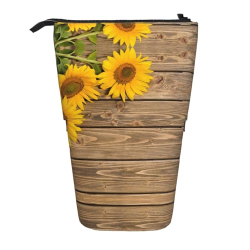 EZDLOWVBA Drei Sonnenblumen auf Holz Druck Schreibwaren Tasche für Jungen & Mädchen Ständer Bleistifthalter Reißverschluss Federmäppchen Teleskopkoffer Studenten & Büro Mittelschule von EZDLOWVBA