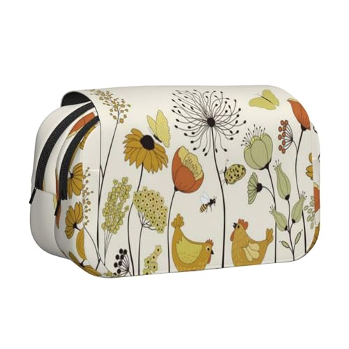 EZDLOWVBA Federmäppchen, Motiv: Henne fliegende Schmetterlinge unter Blumen, großes Fassungsvermögen, Stifteetui mit 2 Fächern, Stifthalter, Organizer, Schreibwarentasche von EZDLOWVBA