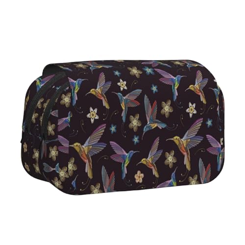 EZDLOWVBA Federmäppchen mit Blumen-Kolibri-Stickerei, großes Fassungsvermögen, Stifteetui mit 2 Fächern, Stifthalter, Organizer, Schreibwaren-Tasche von EZDLOWVBA