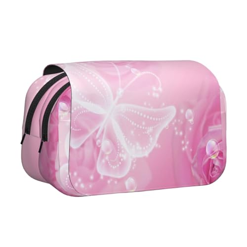 EZDLOWVBA Federmäppchen mit Schmetterlings-Aufdruck, großes Fassungsvermögen, Stifteetui mit 2 Fächern, Stifthalter, Organizer, Schreibwaren-Tasche, Rosa und Weiß von EZDLOWVBA