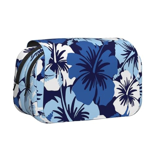 EZDLOWVBA Federmäppchen mit blauem Hibiskusdruck, großes Fassungsvermögen, Stifteetui mit 2 Fächern, Stifthalter, Organizer, Schreibwaren-Tasche von EZDLOWVBA