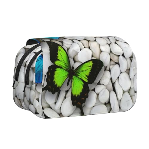 EZDLOWVBA Federmäppchen mit blauem Schmetterlings- und Steindruck, großes Fassungsvermögen, Stifteetui mit 2 Fächern, Stifthalter, Organizer, Schreibwaren-Tasche von EZDLOWVBA