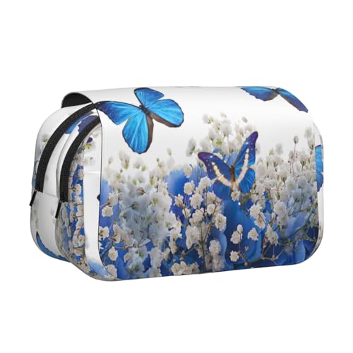 EZDLOWVBA Federmäppchen mit blauen Schmetterlingen, weißen Blumen, großes Fassungsvermögen, Stifteetui mit 2 Fächern, Stifthalter, Organizer, Schreibwaren-Tasche von EZDLOWVBA