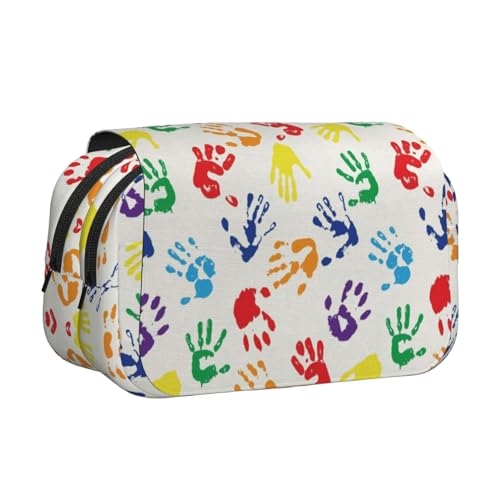 EZDLOWVBA Federmäppchen mit bunten Handformen, Regenbogen-Druck, großes Fassungsvermögen, Stifteetui mit 2 Fächern, Stifthalter, Organizer, Schreibwarentasche von EZDLOWVBA