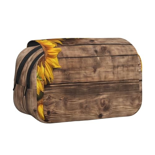 EZDLOWVBA Federmäppchen mit drei Sonnenblumen auf Holz, großes Fassungsvermögen, Stifteetui mit 2 Fächern, Stifthalter, Organizer, Schreibwaren-Tasche von EZDLOWVBA
