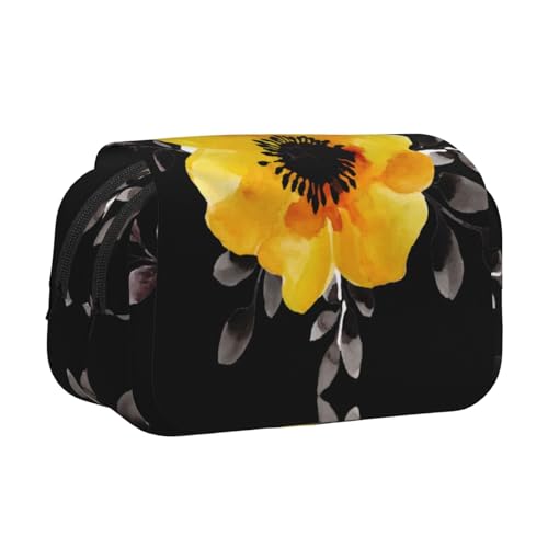 EZDLOWVBA Federmäppchen mit gelbem Blumendruck, großes Fassungsvermögen, Federmäppchen mit 2 Fächern, Stifthalter, Organizer, Schreibwaren-Tasche von EZDLOWVBA