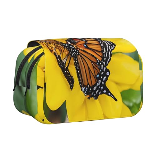 EZDLOWVBA Federmäppchen mit gelben Sonnenblumen mit rotem Schmetterlings-Aufdruck, großes Fassungsvermögen, Stifteetui mit 2 Fächern, Stifthalter, Organizer, Schreibwaren-Tasche von EZDLOWVBA