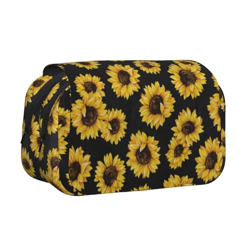 EZDLOWVBA Federmäppchen mit goldenem Sonnenblumen-Druck, großes Fassungsvermögen, Stifteetui mit 2 Fächern, Stifthalter, Organizer, Schreibwaren-Tasche von EZDLOWVBA