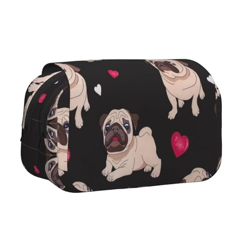 EZDLOWVBA Federmäppchen mit niedlichem Mops-Aufdruck, großes Fassungsvermögen, Federmäppchen mit 2 Fächern, Stifthalter, Organizer, Schreibwaren-Tasche von EZDLOWVBA