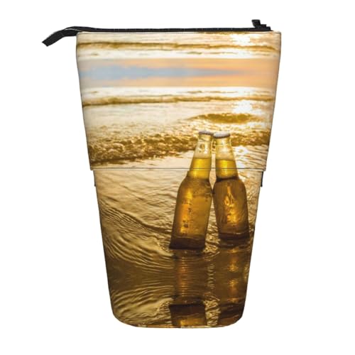 EZDLOWVBA Flaschen Bier Strand Sonnenuntergang Zeit Druck Schreibwaren Tasche für Jungen & Mädchen Ständer Bleistifthalter Reißverschluss Federmäppchen Teleskopkoffer Studenten & Büro Mittelschule von EZDLOWVBA