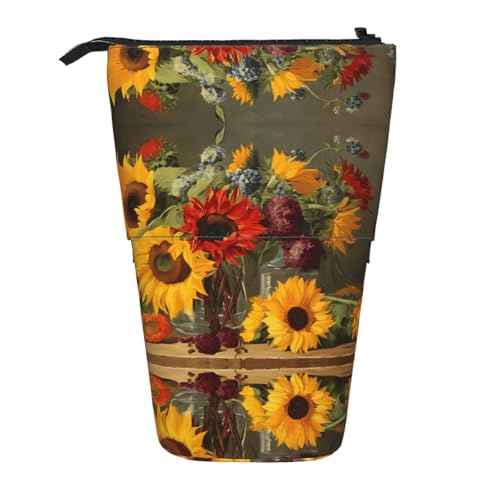 EZDLOWVBA Gelbe Sonnenblumen-Druck-Schreibwaren-Tasche für Jungen und Mädchen, Stand-Bleistifthalter, Reißverschluss-Federmäppchen, Teleskop-Etui, Studenten & Büro, Mittelschule von EZDLOWVBA