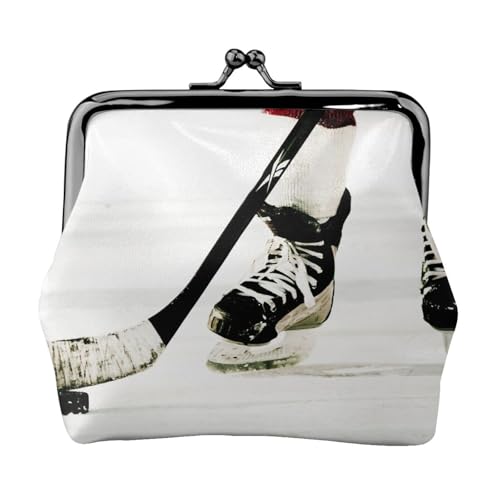 EZDLOWVBA Geldbörse mit Eishockey-Muster, Doppelverschluss, Metallrahmen, Leder, Kussschloss, Kleingeldtasche, Geldbörse für Damen, mit Schlüssel, kleine Geldbörsen, Schwarz , Einheitsgröße von EZDLOWVBA