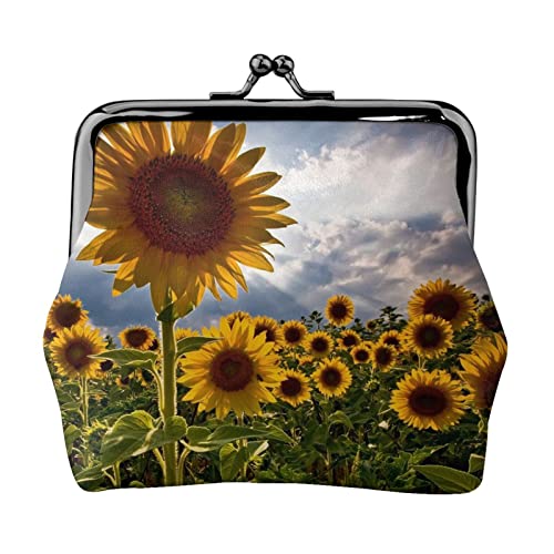 EZDLOWVBA Geldbörse mit Sonnenblumenfeldern, Doppelverschluss, Metallrahmen, Leder, Kussschloss, Kleingeldtasche, Geldbörse für Damen, mit Schlüssel, kleine Geldbörsen, Schwarz , Einheitsgröße von EZDLOWVBA