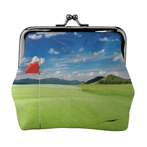 EZDLOWVBA Golffeld mit Flagge im Loch, Doppelverschluss, Metallrahmen, Leder, Kussschloss, Kleingeldtasche, Geldbörse für Damen, mit Schlüssel, kleine Geldbörsen, Schwarz , Einheitsgröße von EZDLOWVBA