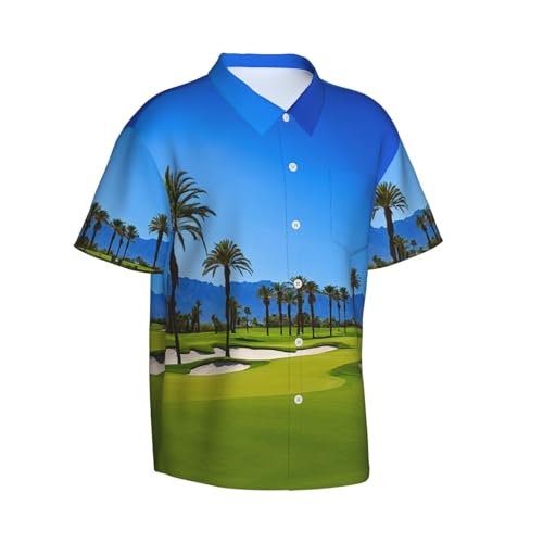 EZDLOWVBA Golfplatz am Meer Druck Blumenhemden Knopfleiste Kurzarm Strandhemden Sommer Freizeithemden, Schwarz , XXL von EZDLOWVBA