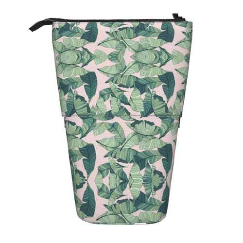 EZDLOWVBA Grüne Palmenblätter Rosa Druck Schreibwaren Tasche für Jungen & Mädchen Ständer Bleistifthalter Reißverschluss Federmäppchen Teleskopkoffer Studenten & Büro Mittelschule von EZDLOWVBA