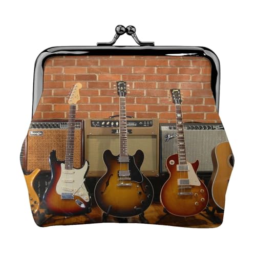 EZDLOWVBA Guitar Collection Geldbörse mit Doppelverschluss, Metallrahmen, Leder, Kussschloss, Kleingeldtasche, Geldbörse für Damen, mit Schlüssel, kleine Geldbörsen, Schwarz , Einheitsgröße von EZDLOWVBA